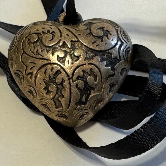 Ornate Silver Heart Medallion on Black Satin Ribbon Necklace - Picture 3 of 5